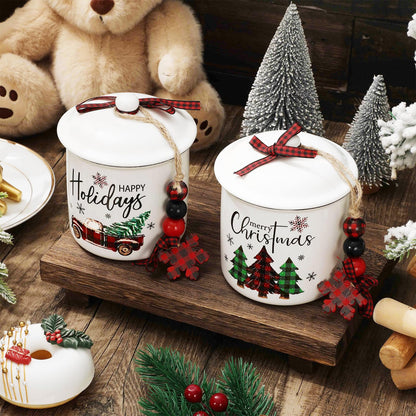Whaline 2Pcs Christmas Mini Ceramic Canister Red Green Plaid Xmas Tree Truck Snowflake Mini Jar Holiday Candy Holder with Lid Bow for Xmas Winter Home Decor Storage Accessory