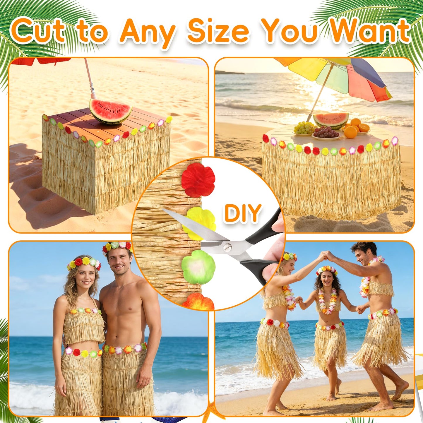 2 Pack Hawaiian Grass Table Skirt 108" x 29.5", Laua Party Decorations Grass Skirt for Table with Flowers, Hawaiian Party Decor for Luau Birthday Beach Tropical Summer Party Supplies