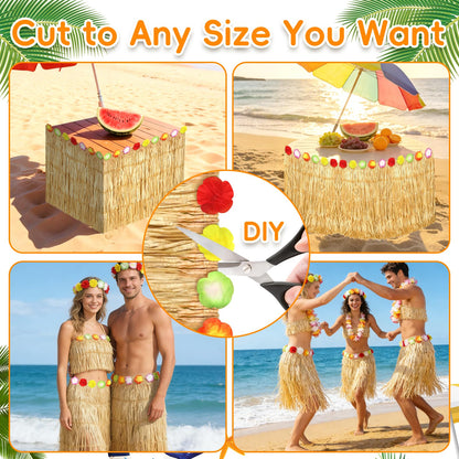 2 Pack Hawaiian Grass Table Skirt 108" x 29.5", Laua Party Decorations Grass Skirt for Table with Flowers, Hawaiian Party Decor for Luau Birthday Beach Tropical Summer Party Supplies