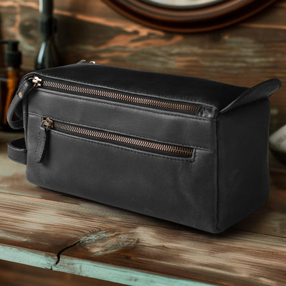 LEATHER VILLAGE Genuine Leather Travel Toiletry Bag - Water-Resistant Dopp Kit for Toiletries, Large Shaving Bag & Bathroom Organizer - Gift for Men & Women - Distressed Black