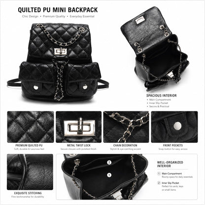 COC.EFRENAR Quilted Mini Backpack for Women, Chain Strap Small Purse with Flap Closure, Fashion Shoulder Bag Cute Travel Daypack(Black)