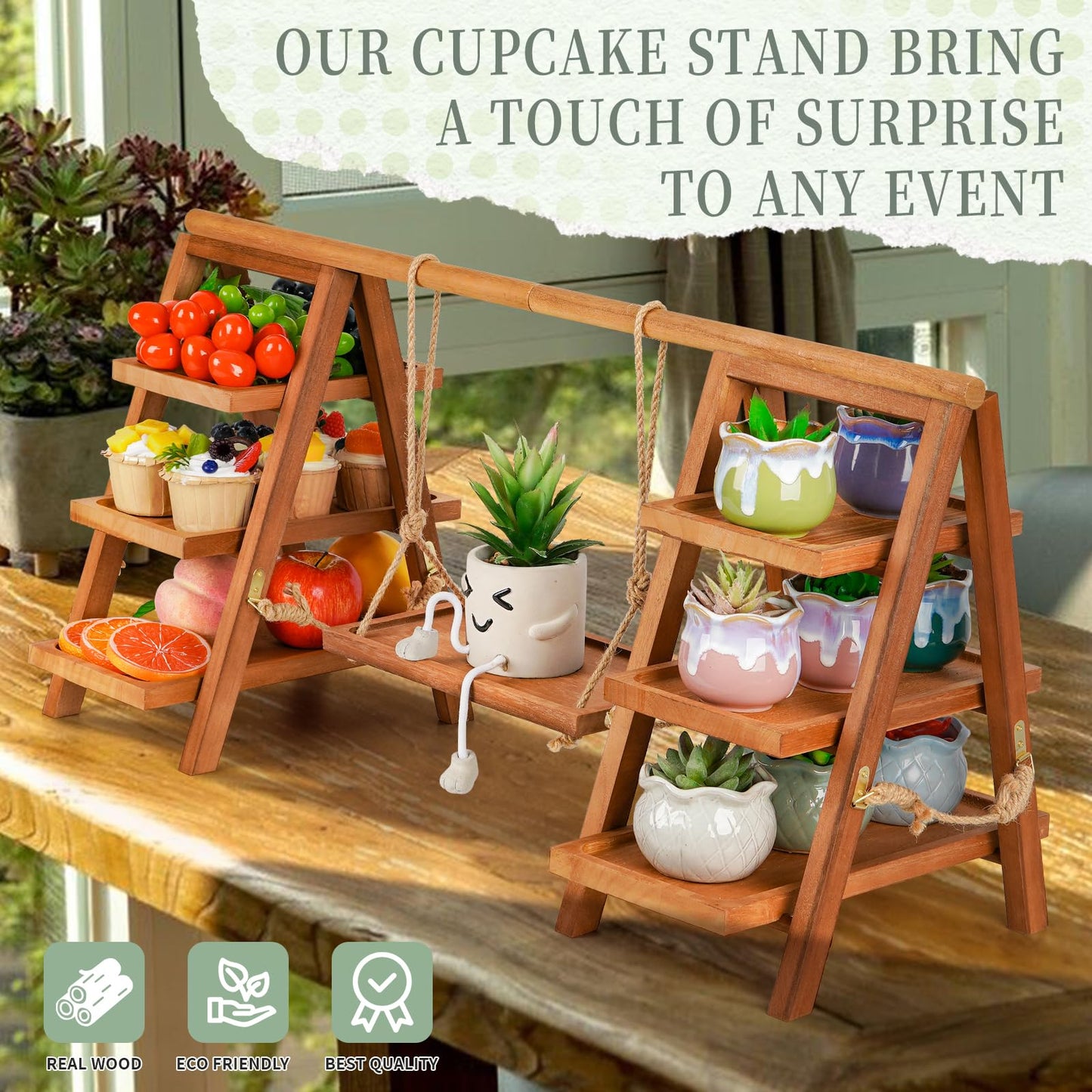 Whiidoom Cupcake Stand, 3 Tier Wood Cupcake Display Stand with Swing, Dessert Table Display Set with Serving Tray for Dessert Display for Party, Wedding, Farmhouse Decor (Brown)
