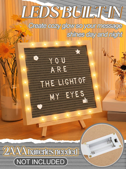 Felt Letter Board with LED Lights - 10 ×10" Custom Message Board with Changeable Letters & Stand, First Day of School Sign/Graduation/Pregnancy/Baby Announcement/Wedding/Classroom Decor, Grey