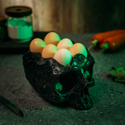 Skull Egg Holder Container Bowl 6" H Half Dozen Decorative Skeleton Egg Keeper Storage Display Organizer Tray, Gothic Kitchen Countertop Breakfast Serving Dish, Spooky Halloween Home Decor Gift Items