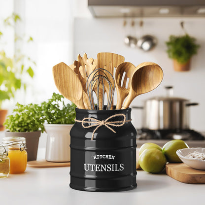 Barnyard Designs Ceramic Farmhouse Utensil Holder for Kitchen Counter, Large Rustic Utensil Crock, Countertop Cooking Tool Spatula Organizer, 6.75” (Black)