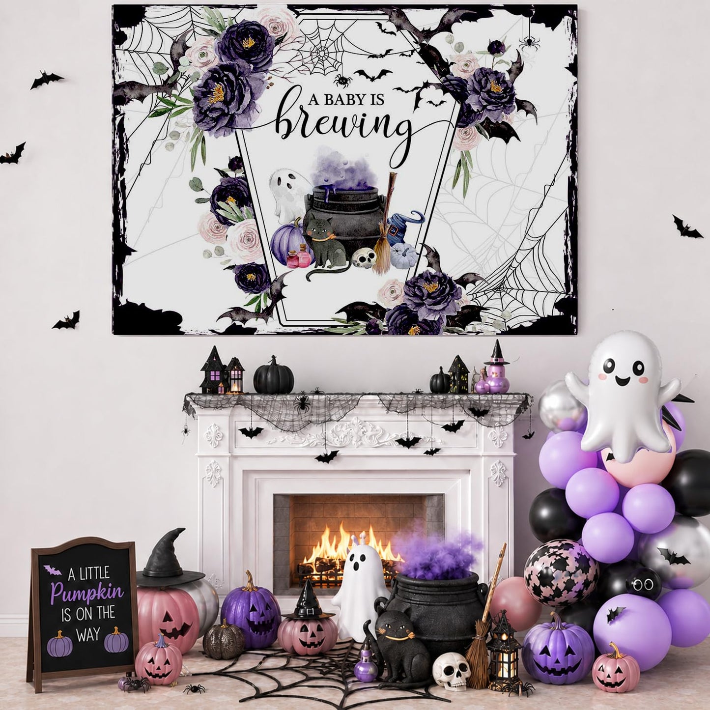 Mocsicka Halloween Baby Shower Backdrop A Baby is Brewing Baby Shower Party Decoartion Watercolor Flower Coffin Vampire Bat Baby Sprinkle Banner (Purple, 7x5ft(82''x60''))