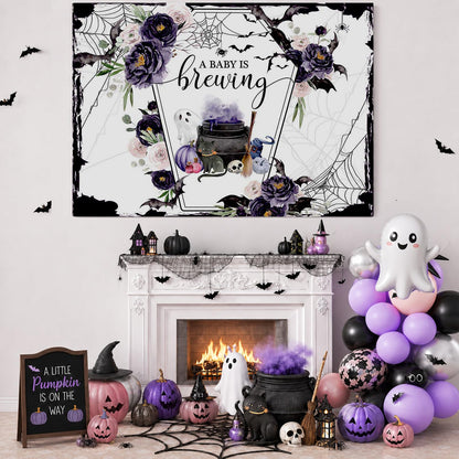 Mocsicka Halloween Baby Shower Backdrop A Baby is Brewing Baby Shower Party Decoartion Watercolor Flower Coffin Vampire Bat Baby Sprinkle Banner (Purple, 7x5ft(82''x60''))