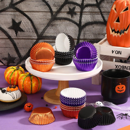 SANNIX 450Pcs Halloween Foil Cupcake Liners Muffin Liners Baking Cups Foil Metallic Cupcake Wrappers for Halloween Party Supplies Standard Size (Black, Purple, Orange)