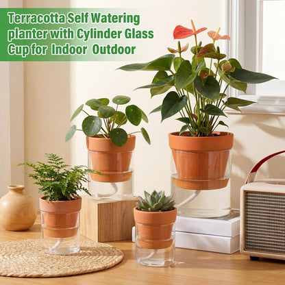 4 Pcs Terracotta Self Watering Pot for Indoor Plants 3in 4in 6in 8in Terracotta Planter with Cylinder Glass Cup and Self-water Pipe for Indoor Plants Herbs Flowers Ivy Outdoor Balconies Kitchen Office