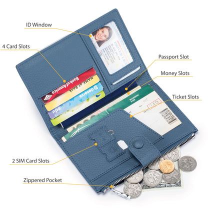 RFID passport holder for travel, Leather Passport Wallet for Women with Zippered Coins Pocket and SIM Slots, Passport Cover Case for Travel