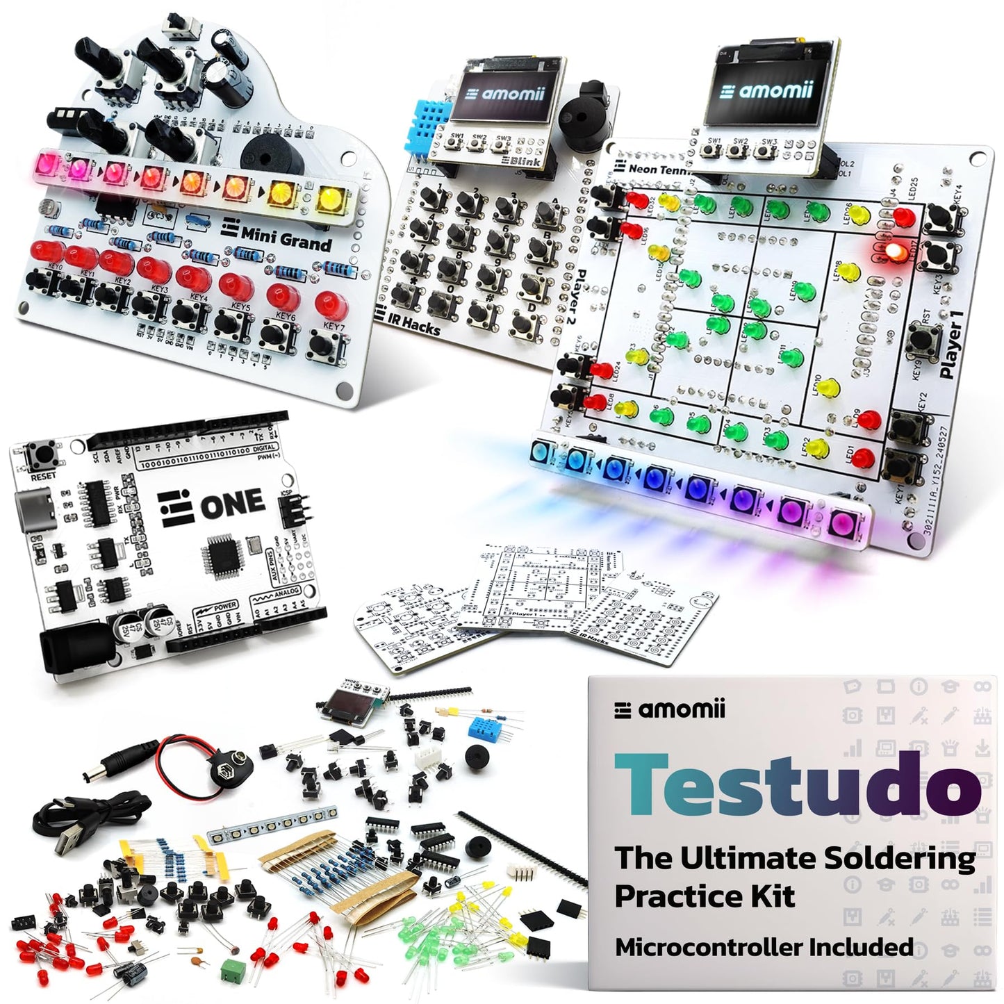 amomii Testudo: Soldering Practice Kit. Build 3 Gadgets: Digital Piano, Game Console & Keypad. With Arduino Compatible microcontroller, PDF and video tutorials. DIY Gift for Makers, Beginners & Adults