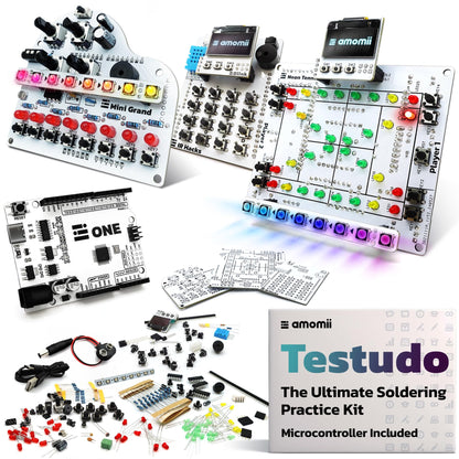 amomii Testudo: Soldering Practice Kit. Build 3 Gadgets: Digital Piano, Game Console & Keypad. With Arduino Compatible microcontroller, PDF and video tutorials. DIY Gift for Makers, Beginners & Adults