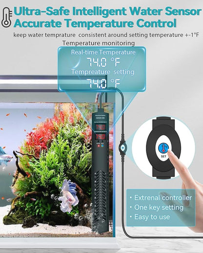AHJ Aquarium Heater for 75 100 120 Gallon, 500W Submersible Fish Tank Water Heater with Accurate Temperature Control, Over-Temp Protect, Auto Shut-Off, Quick Heat up for Saltwater & Freshwater