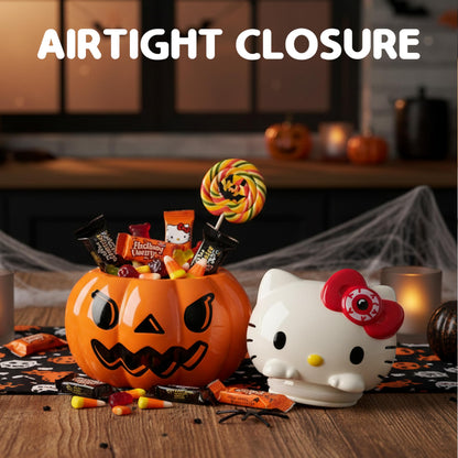 Silver Buffalo Sanrio Hello Kitty Halloween Pumpkin Jack O'Lantern 3D Sculpted Ceramic Cookie Snack Candy Jar (Medium)