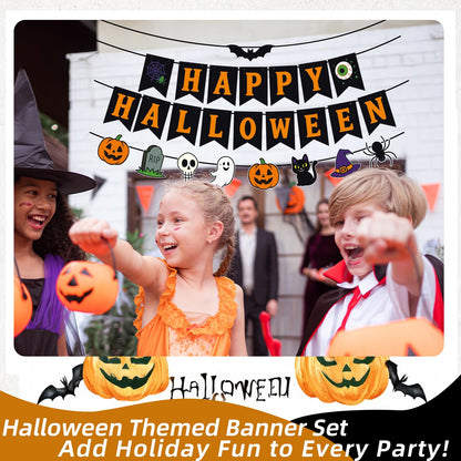 Happy Halloween Banner Garland – Black and Orange Hanging Decoration with Pumpkins, Ghost, Skull, Cat, Witch Hat, Bat, and Spider for Halloween Party, Classroom, Home, Wall, and Photo Booth Decor