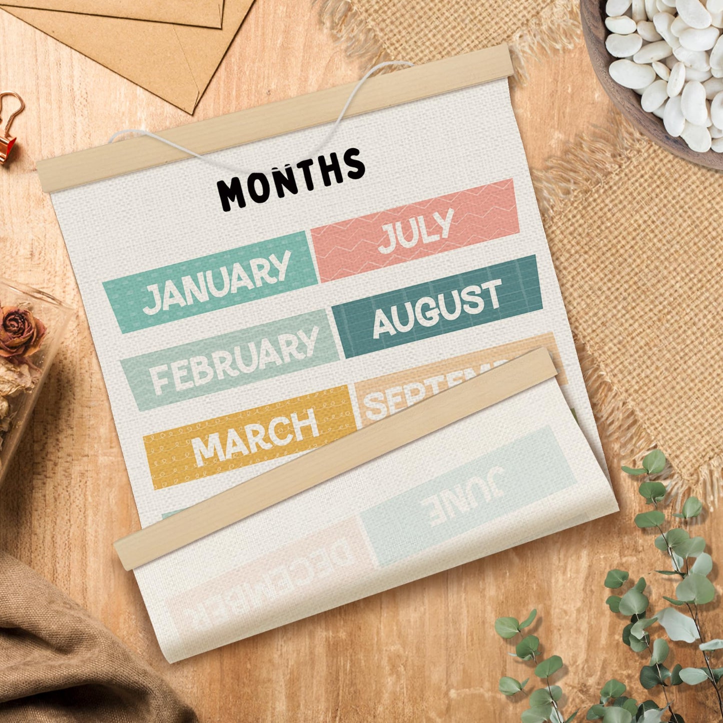 MOTERMATE Months of The Year Wall Art Poster for Classroom, Boho Toddler Room Decor, Learning Educational Canvas Poster Hanger Frame for Toddlers Classroom, Playroom Wall Hanging Banner Decor, 12x16In