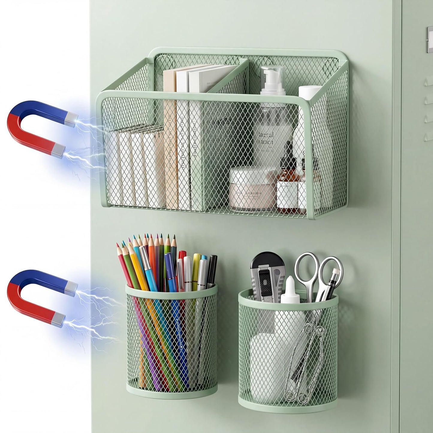 Marspark 3 Pcs Magnetic Pen Holder Set Metal Pencil Holder with Strong Magnets Wire Mesh Storage Basket Organizer for Locker Accessories Whiteboard Refrigerator School Office Dorm(Sage Green)