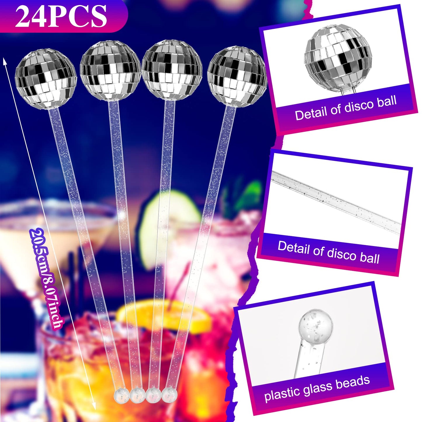 Sawysine 24 Pcs Disco Party Decorations Disco Ball Cocktail Stirrers 8 Inch Silver Mirror Ball Stir Sticks Beverage Coffee Drink Stirrer for 70s 80s Bachelorette Wedding Birthday Party(Silver)