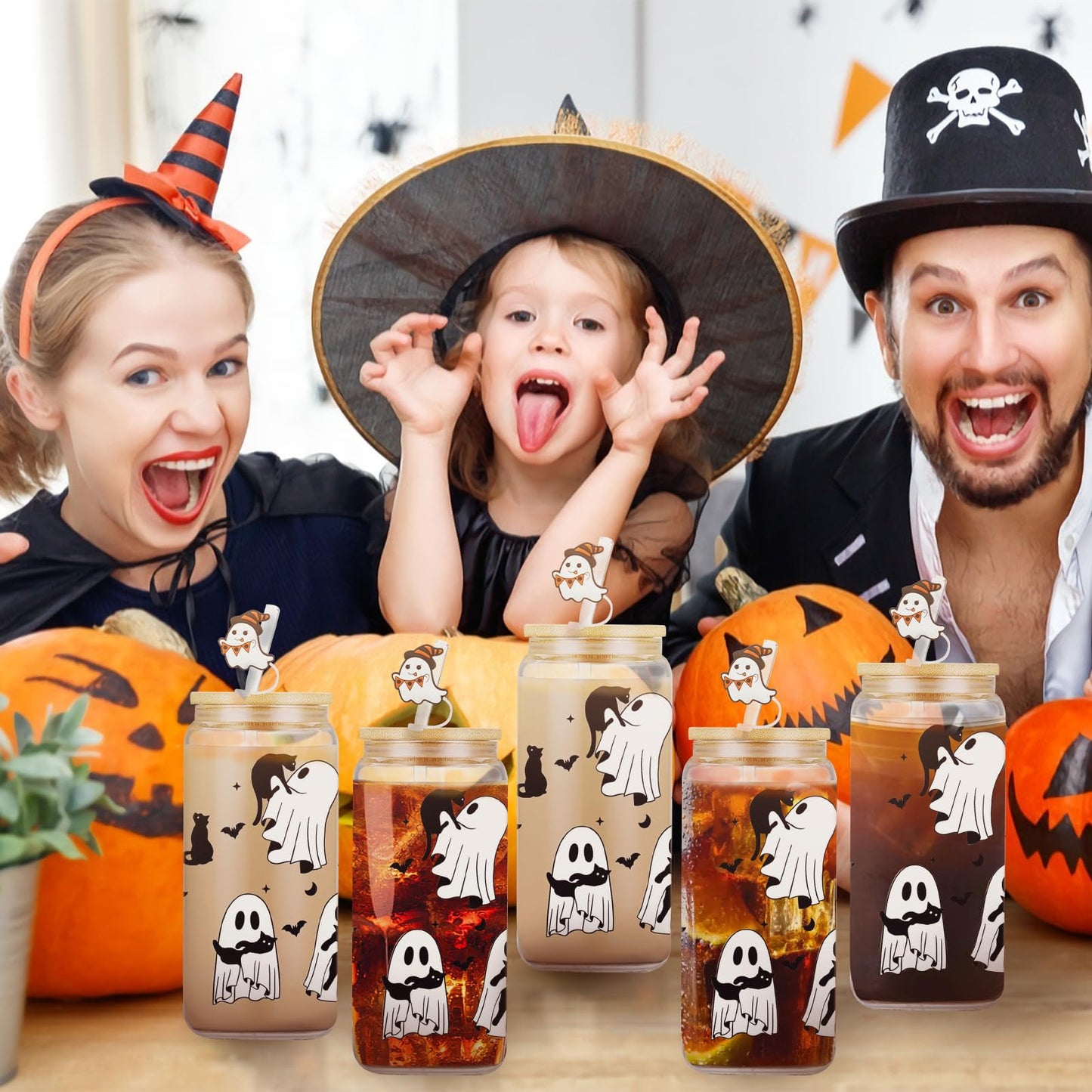 Halloween Glass Cups– 18oz Halloween Cups with Lid & Straw & Straw Covers, Ghost Tumbler Boo Basket Ghost Mug Iced Coffee Cup Decor Indoor