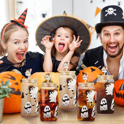 Halloween Glass Cups– 18oz Halloween Cups with Lid & Straw & Straw Covers, Ghost Tumbler Boo Basket Ghost Mug Iced Coffee Cup Decor Indoor