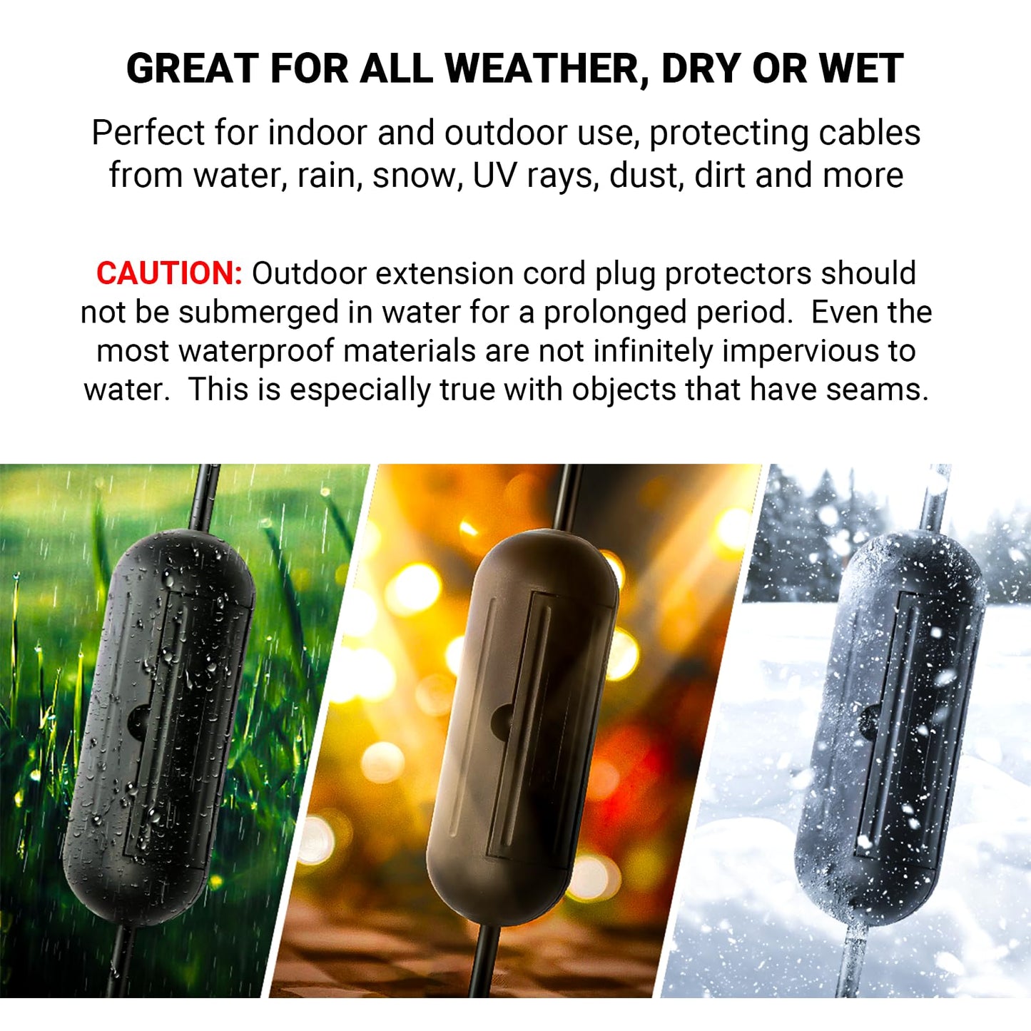 4 Pack Extension Cord Protective Cover Set (Black) | Indoor Outdoor Water-Resistant Holder for Holiday String Lights and Wires | Capsule Shaped Protector with Large Compartment