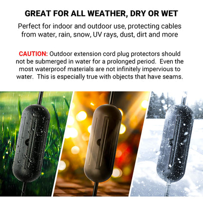4 Pack Extension Cord Protective Cover Set (Black) | Indoor Outdoor Water-Resistant Holder for Holiday String Lights and Wires | Capsule Shaped Protector with Large Compartment