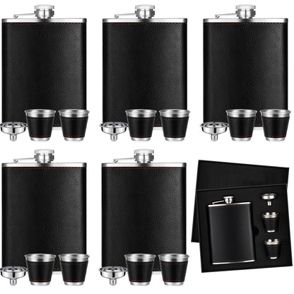 Domensi 6 Set Hip Flask Gift Set Flask for Liquor for Men with Black Leather Cover 8 oz Hip Flask Set 18/8 Stainless Steel Hip Flasks with 2 Cups & Funnel for Men Gift Box, Camping, Wedding Party