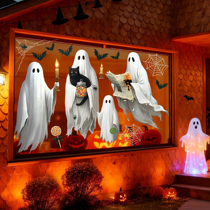 AhfuLife 4 Sheets Large Halloween Ghost Window Stickers Decorations, 16.9" x 35.4", Big Spooky Ghost Window Clings Double Side Reusable Decals for Halloween Home Bar Shop Street Party Decorations