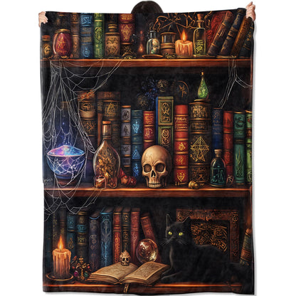 amepay Gothic Library Blanket Gifts for Women Adult Girls,Goth Witches Bookshelf Throw Blankets,Soft Comfy Lightweight for Home Halloween Couch Bed Sofa Decor Skulls Black Cat Potions Design 50x60in