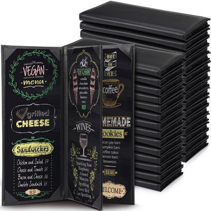 Jexine 30 Pcs Leather Menu Covers Holders - 4.25 x 11 Inches 4 View Fold Black Leather Menu Book with Angled Corners Waterproof for Restaurant Cafe Bar Wine Drinks List Covers Set