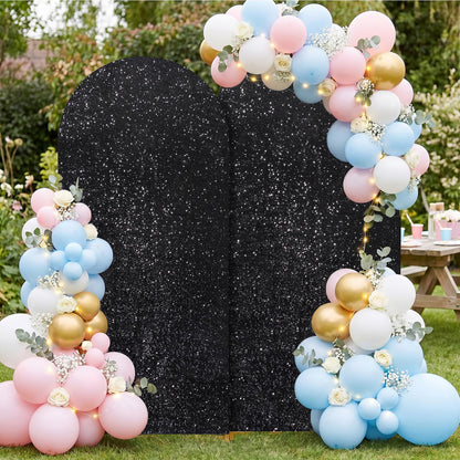 Wedding Arch Cover Set of 2 Glitter Sequin Fitted Arch Stand Covers for Halloween Party Bridal Shower Photo Balloon Arch Covers (7.2FT, 6FT, Black)