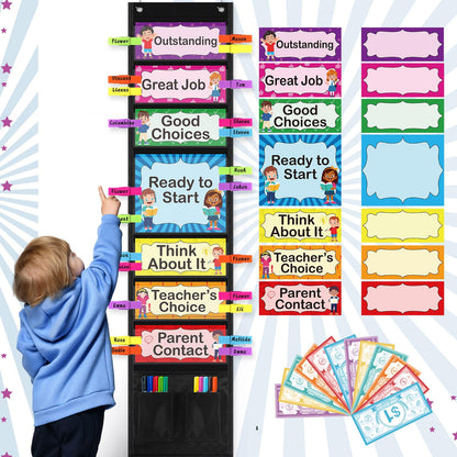 Pasimy 59 Pcs Student Behavior Clip Chart for Classroom Management Kids Track Reward Incentive Behavior Pocket Chart Boho Bulletin Board Teacher Supplies for School Office(Bright)