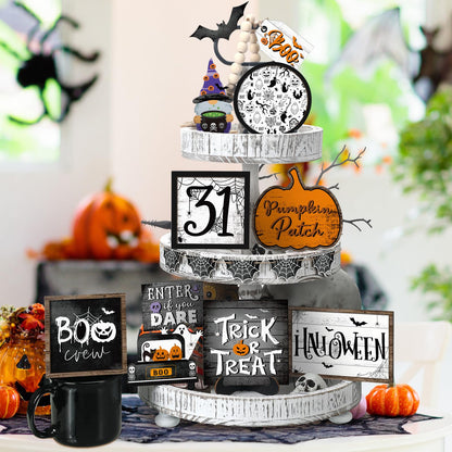 FairySandy 14 Pcs Halloween Tiered Tray Decorations Set Ghost Halloween Wooden Signs Rustic Farmhouse Pumpkin Boo Trick or Treat Blocks Table Sign Decorations for Home Party Favors