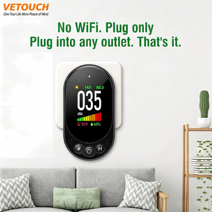 VETOUCH Plug-in Noise Meter Digital Sound Level, 3 in 1 Decibel Meter with Temp Humidity, 30-130dB Portable SPL, AC Powered, Data Hold, Max Min, Fast/Slow, 1.83" LCD, Meter for Home RV