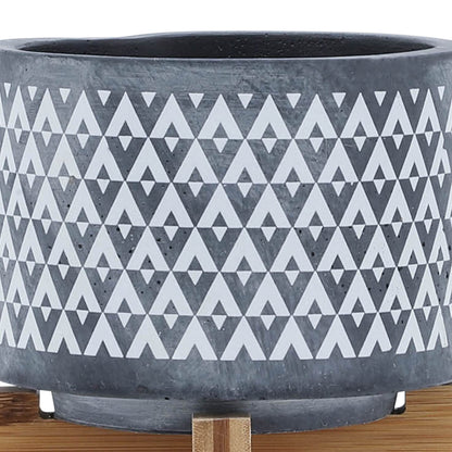Aztec Decorative Planter Pot on Wooden Stand – Ceramic Stoneware Outdoor & Indoor Plant Pot with Gray Geometric Pattern – Modern Garden & Home Decor Ceramic Planters – 6", Gray