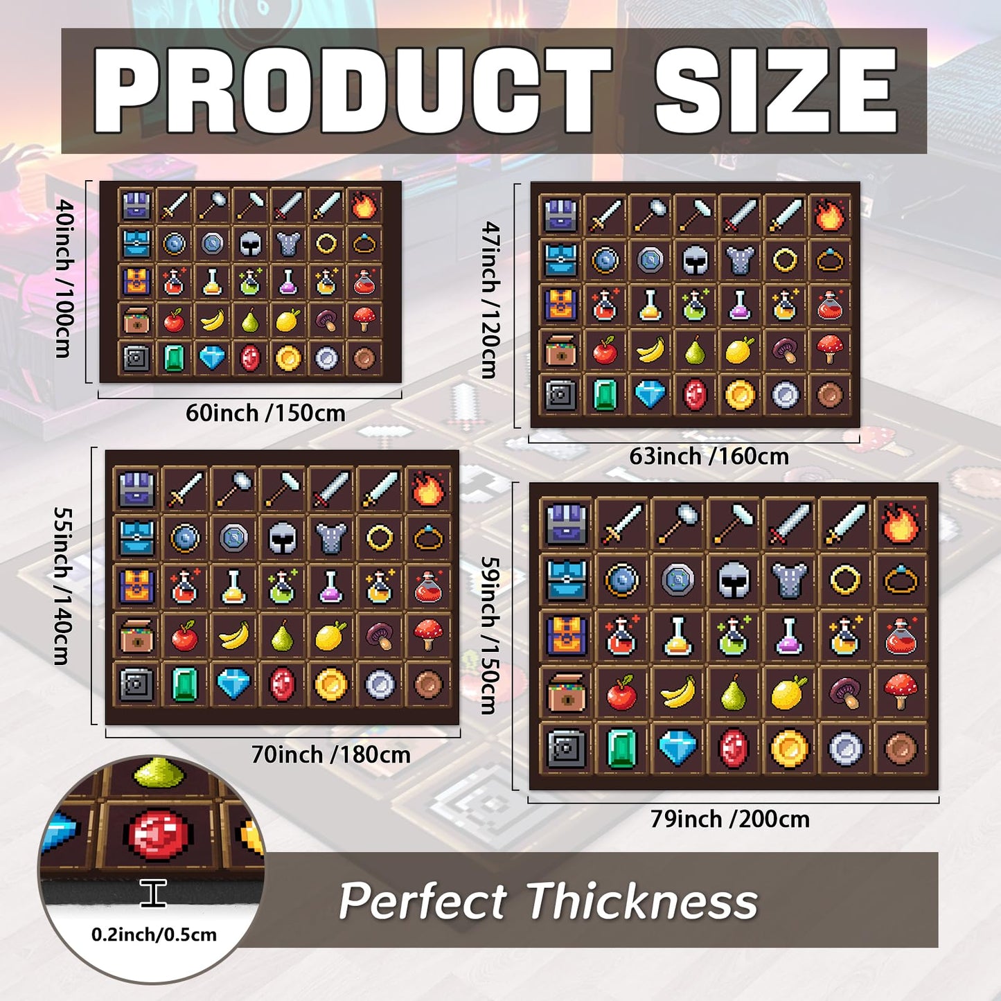 DRVAKO Game Rug Teen Boys Carpet with Pixel Games Element Items Decoration Mat, Weapon Medical Game Rugs for Boy’s Bedroom Living Room Playroom, Non-Slip Children Gaming Area Rugs (Brown, 63" x 47")