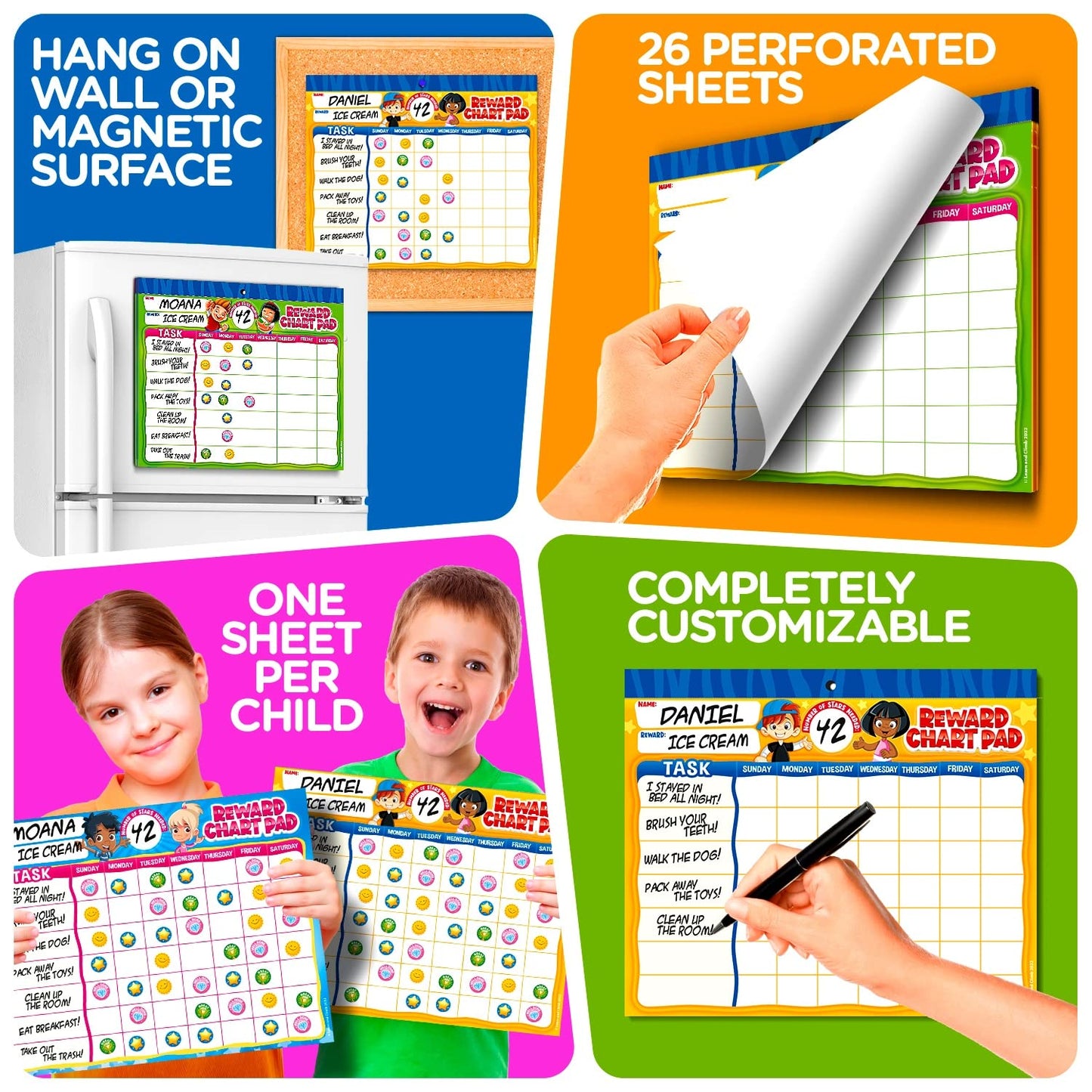 Behavior Reward Chart System - Pad with 26 Chore Charts for Kids, 2800 Stickers to Motivate Responsibility & Good Habits