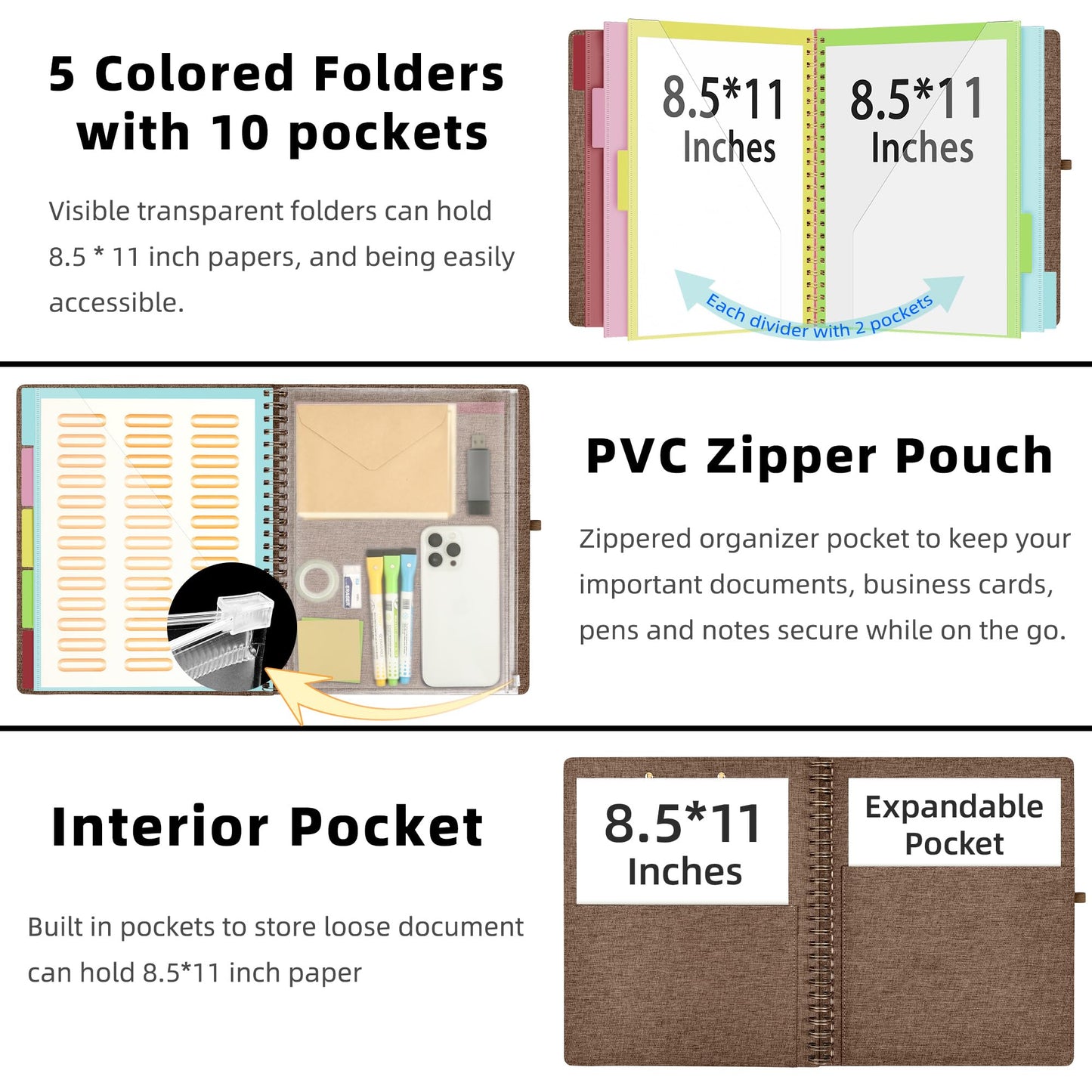 Ospelelf Brown Foldable Spiral Clipboard Folio with Storage Zipper Pouch, 5 Plastic Folders with 10 Pockets, Refillable Lined Notepad (11" x 8.5"), Linen Hardcover Project Organizer