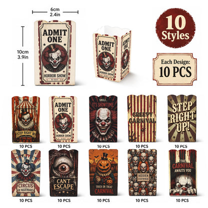 100 Pcs 10 Styles Halloween Creepy Clown Popcorn Boxes Cardboard Popcorn Bags Snack Boxes Spooky Treat Bags for Candy Biscuits Party Favors Halloween Movie Night Supplies Party Supplies