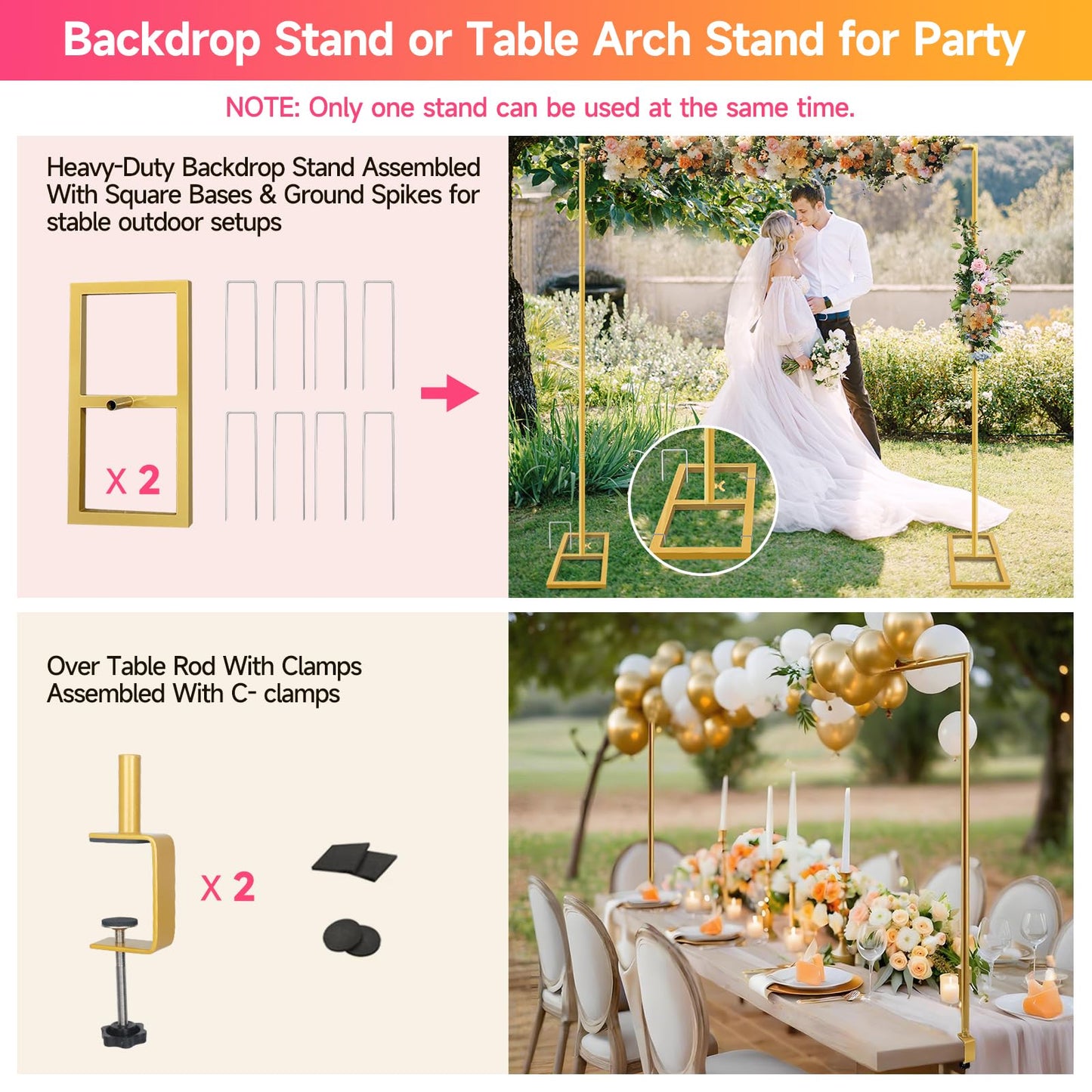 JEBUTU Square Backdrop Stand, Wedding Arch Heavy Duty Adjustable Stand, Over The Table Rod Stand with Clamps, Metal Gold Garden Balloon Frame for Baby Shower Party Decoration