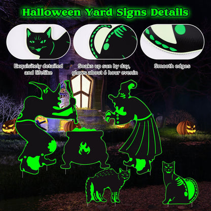 Halloween Yard Signs Decorations Outdoor - 5 Pack Large PVC Witch with Glow in The Dark, Warerproof Black Cat and Cauldron Decor, Halloween Decor with Stakes for Lawn Garden