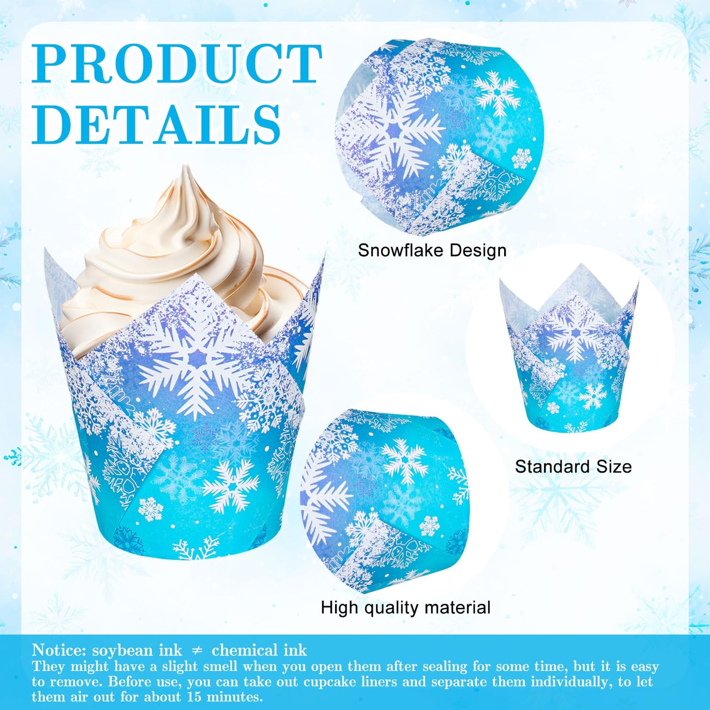 JarThenaAMCS 200Pcs Winter Snowflake Tulip Cupcake Liners Christmas Blue Purple Gradient Muffin Tulip Baking Cups Xmas Bicolor Gradient Snowflake Tulip Cupcake Wrappers for Holiday Party Supplies