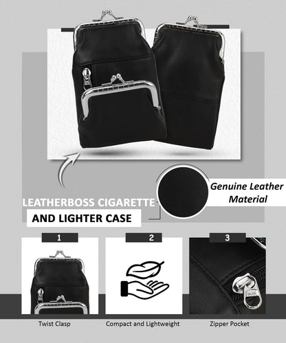 Genuine Leather Cigarette and Lighter Case with Twist Clasp by Leatherboss (Black)