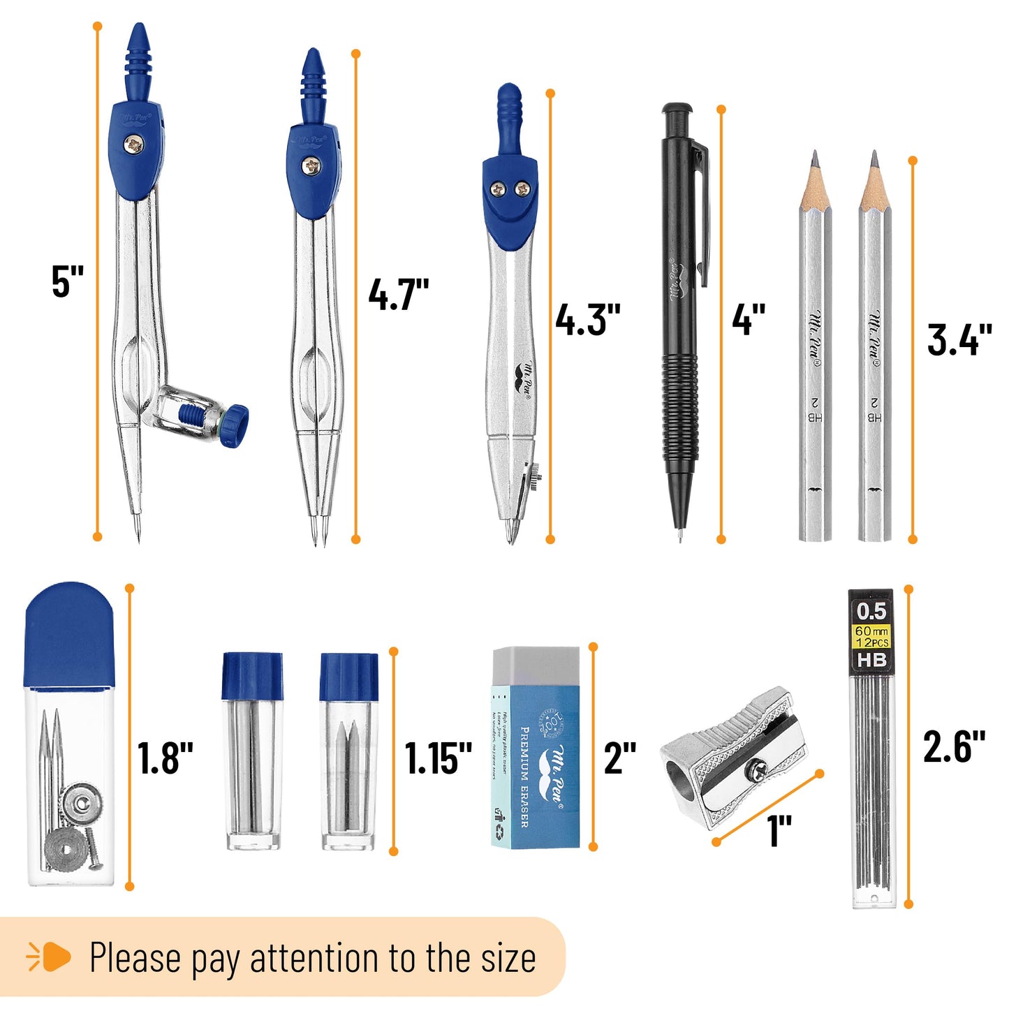 Mr. Pen- Geometry Set, 15 pcs, Navy Blue, 6 Inch Swing Arm Protractor, Divider, Set Squares, Ruler, Compasses and Protractor