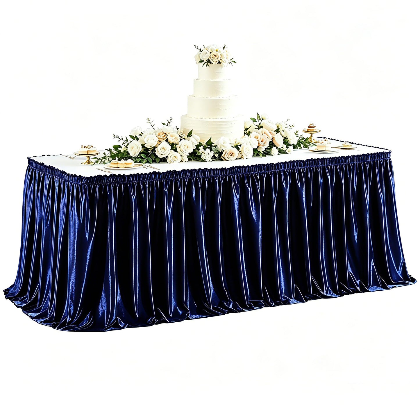 Wish Care 6ft Navy Blue Satin Table Skirt for Rectangle Tables Wrinkle Free Teacher Desk Skirt Glitter Ruffle Table Skirting Cloth for Back to School Classroom Office Dorm Birthday Party Table Decor