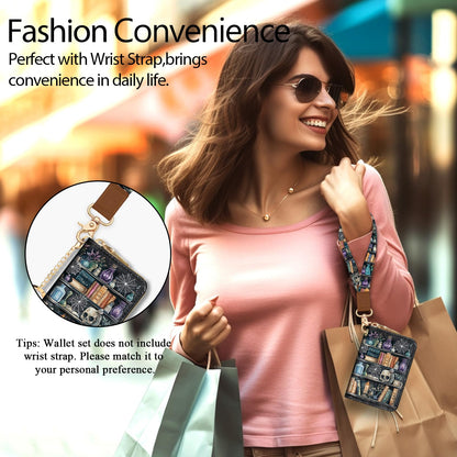 Credit Card Holder Small Wallets Woman, Goth Gothic RFID Wallet Keychain Wristlet for Women Zipper Lanyard, Funny Skull Bookshelf PU Leather Accordion Card Case Organizer Purse Witchy Gifts Ladies