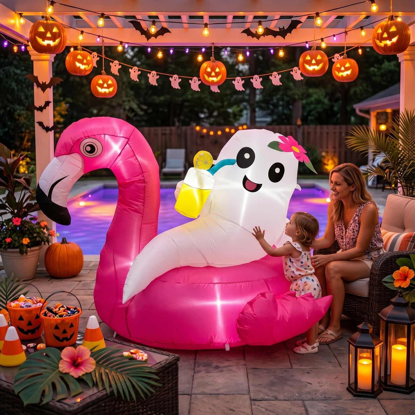 4FT Summerween Decorations Inflatable Ghost on Flamingo Float, Halloween Outdoor Inflatable Decor with Tropical Drink and LED Lights for Yard Lawn Garden Home, Summerween Party Decorations