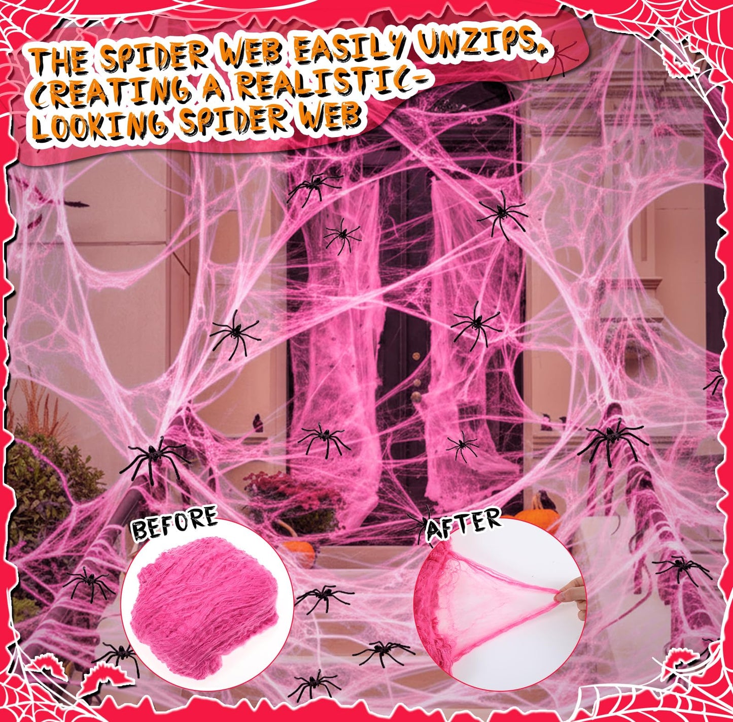 Tellingyou 950 Sqft Halloween Pink Spider Webs Decorations with 50 Extra Fake Spiders, Super Stretchy Cobwebs for Halloween Decor Indoor and Outdoor