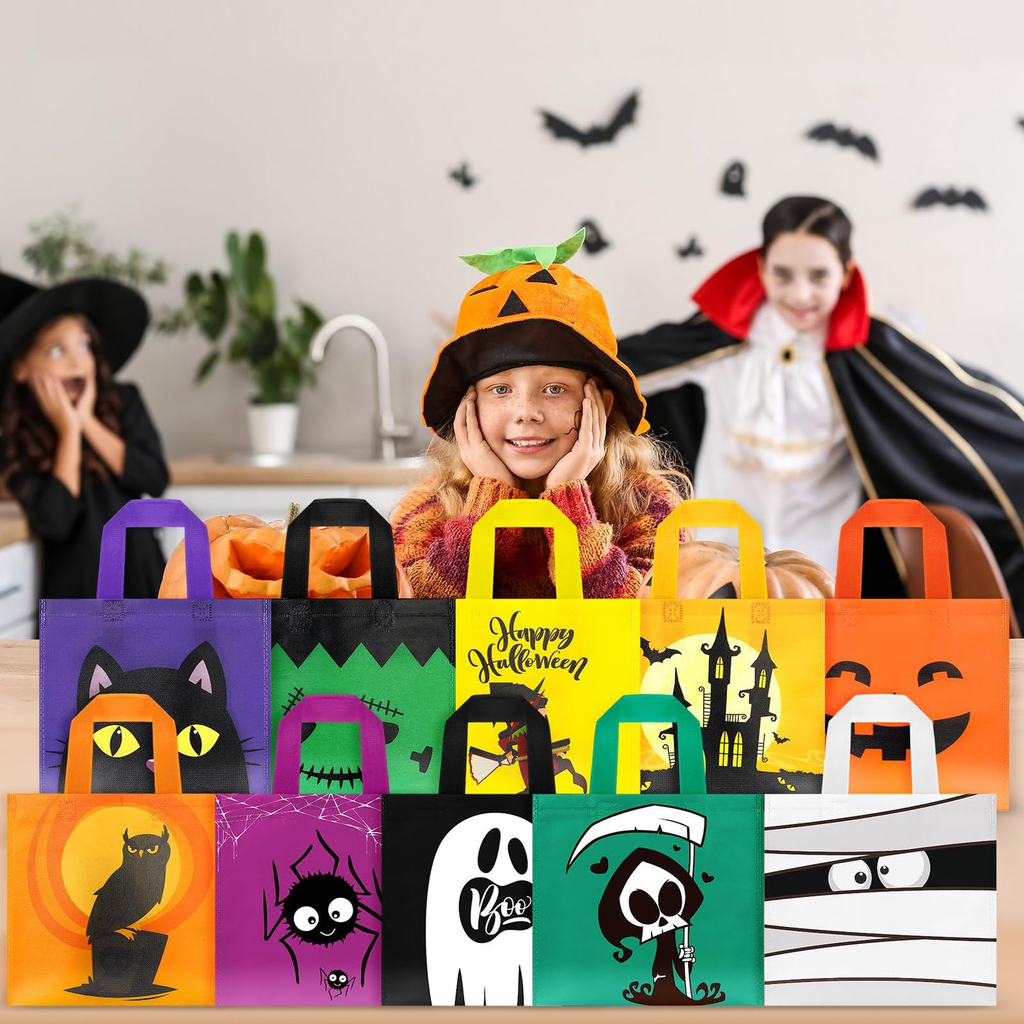 Zhanmai 100 Pcs Halloween Treat Bags with Handle 10 Patterns Design Halloween Candy Goodie Gift Bag for Party Favor Supplies(9.5" x 8.7" x 0.2")