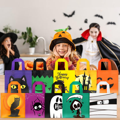 Zhanmai 100 Pcs Halloween Treat Bags with Handle 10 Patterns Design Halloween Candy Goodie Gift Bag for Party Favor Supplies(9.5" x 8.7" x 0.2")